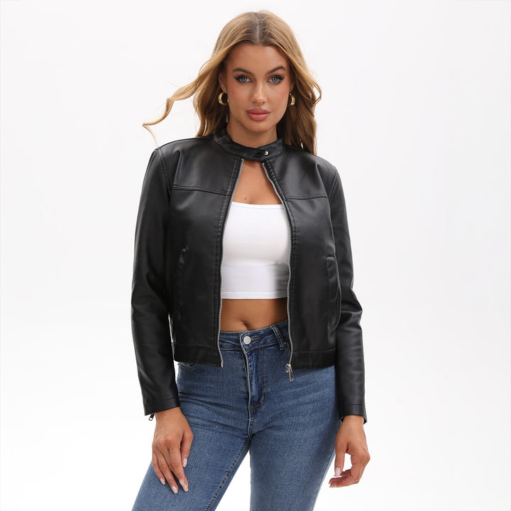 Damen nan taillierte Kunstlederjacke mit Stehkragen, verdecktem Reißverschluss und cleanem Minimaldesign Drune
