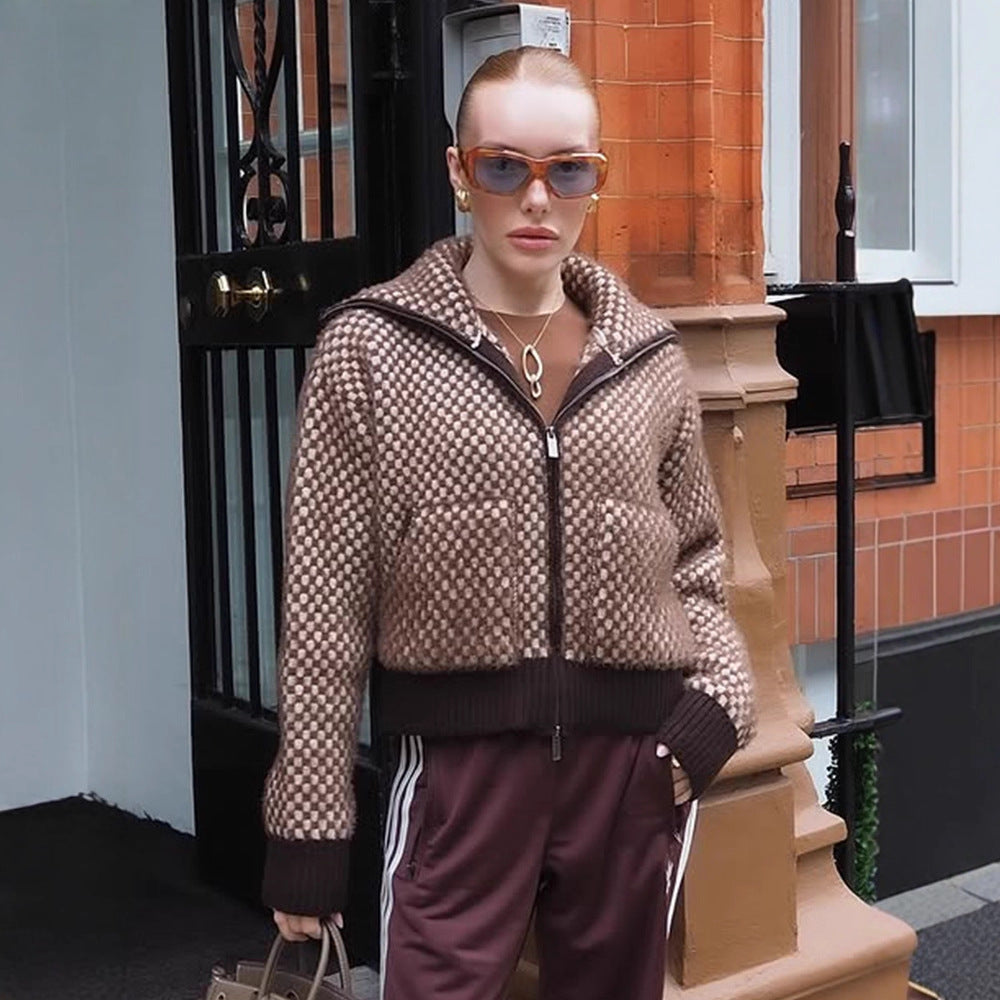 Damen Kurzgeschnittener Strick-Zipcardigan mit Kapuze und Strukturmuster Drune