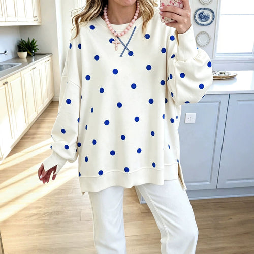 Damen Oversize-Sweatshirt mit Puffärmeln, Polka-Dots und Seitenschlitzen Drune