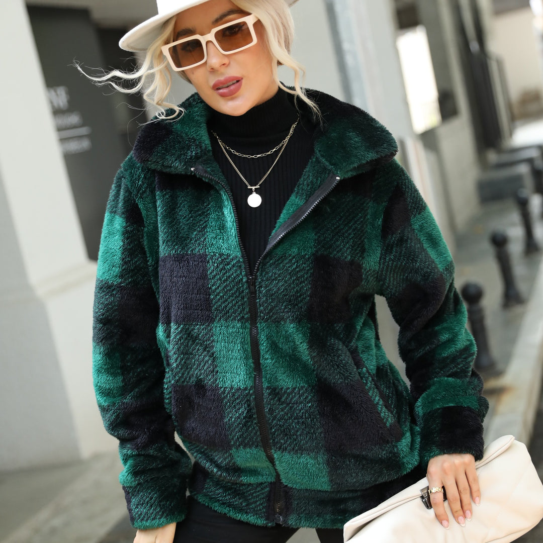 Damen Plüsch-Hoodiejacke mit trendigem Karomuster und praktischen Reißverschlusstaschen Drune