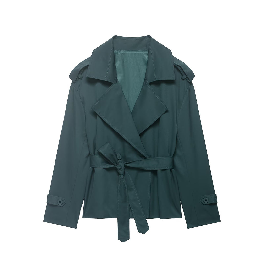 Damen kurzer Trenchcoat mit Taillengürtel, doppelreihiger Front und Schulterklappen Drune