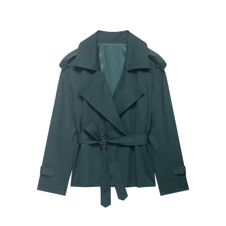 Damen kurzer Trenchcoat mit Taillengürtel, doppelreihiger Front und Schulterklappen Drune