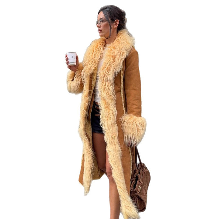 Damen Langer Shearling‑Imitatmantel mit voluminösem Schalkragen und Plüschmanschetten Drune