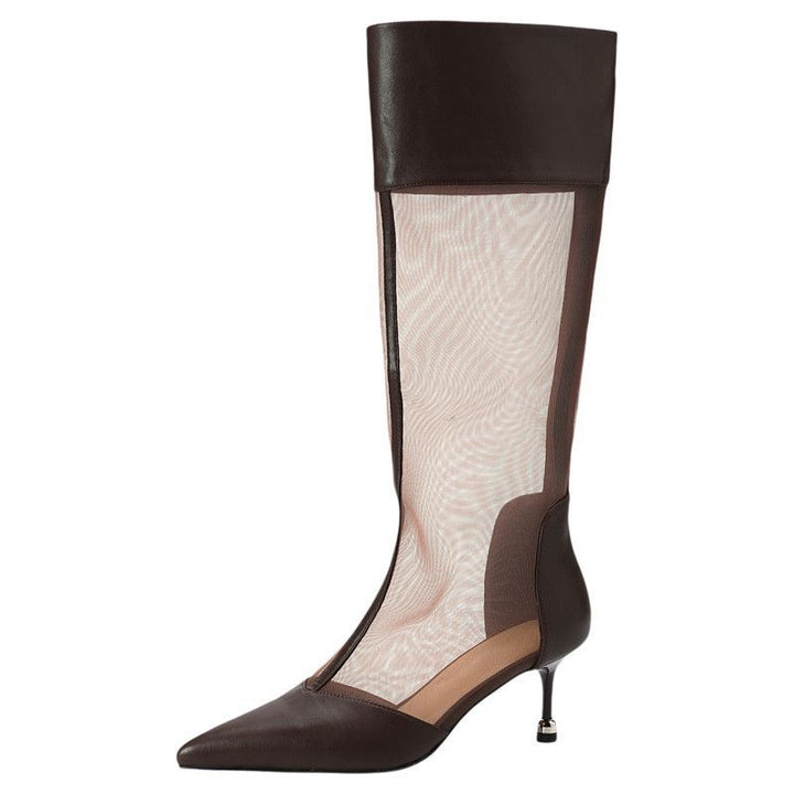 Damen Kniehohe Mesh-Stiefel mit spitzer Zehenpartie und sculpted Metall-Absatz Drune