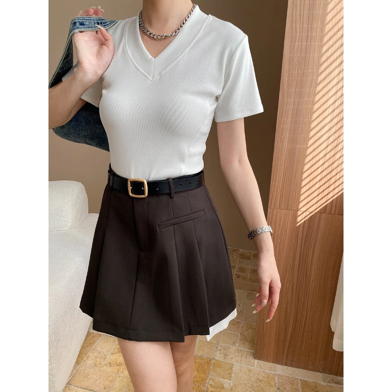 Damen figurbetontes V-Ausschnitt T-Shirt aus hochwertigem Rippstrick Drune