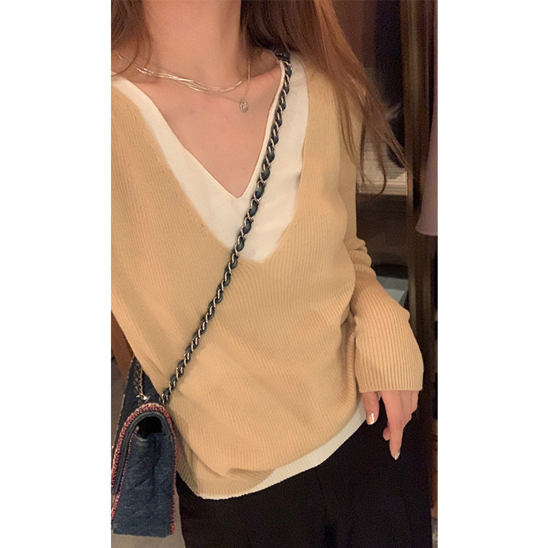 Damen V-Ausschnitt Pullover aus feinem Rippstrick Drune