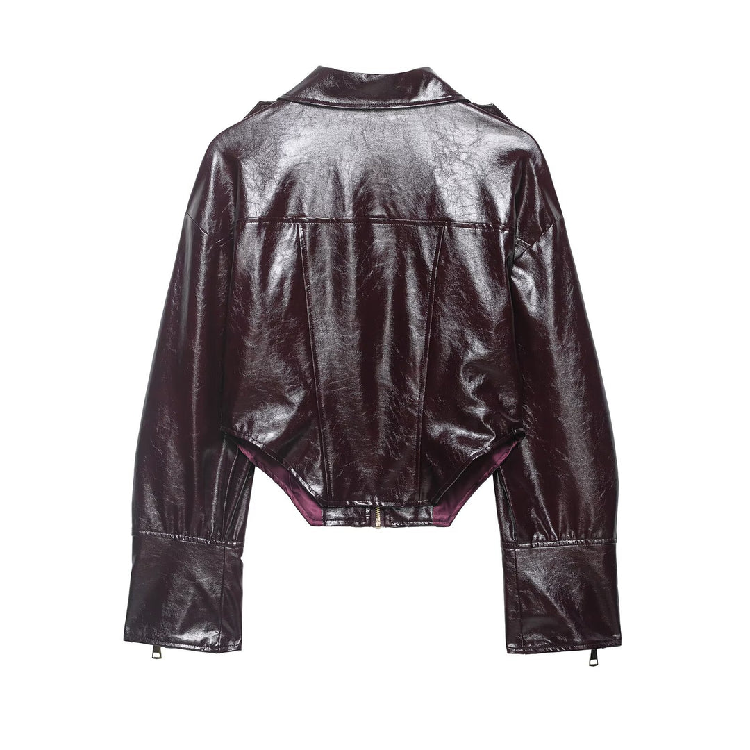 Damen kurzes glänzendes Biker-Blouson in Lederoptik mit betonter Schulterpartie Drune