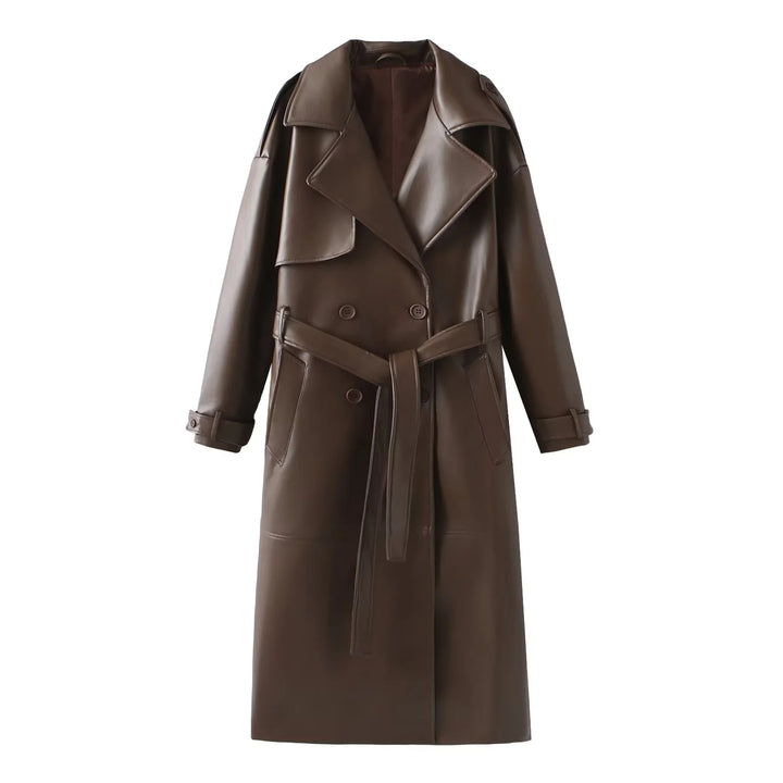 Damen nan taillierter veganer Trenchcoat aus Lederimitat mit Schalkragen und Bindegürtel Drune