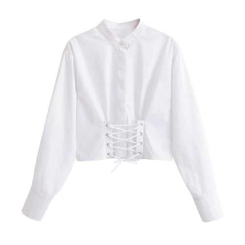 Damen Kurzbluse mit taillierter Schnürung und Stehkragen Drune