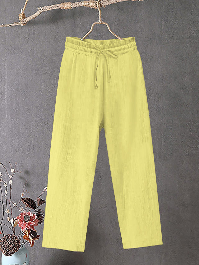 Damen Crinkle Leinenmischung Hose mit elastischem Kordelzug, gerade Beinform und lässiger Passform Drune