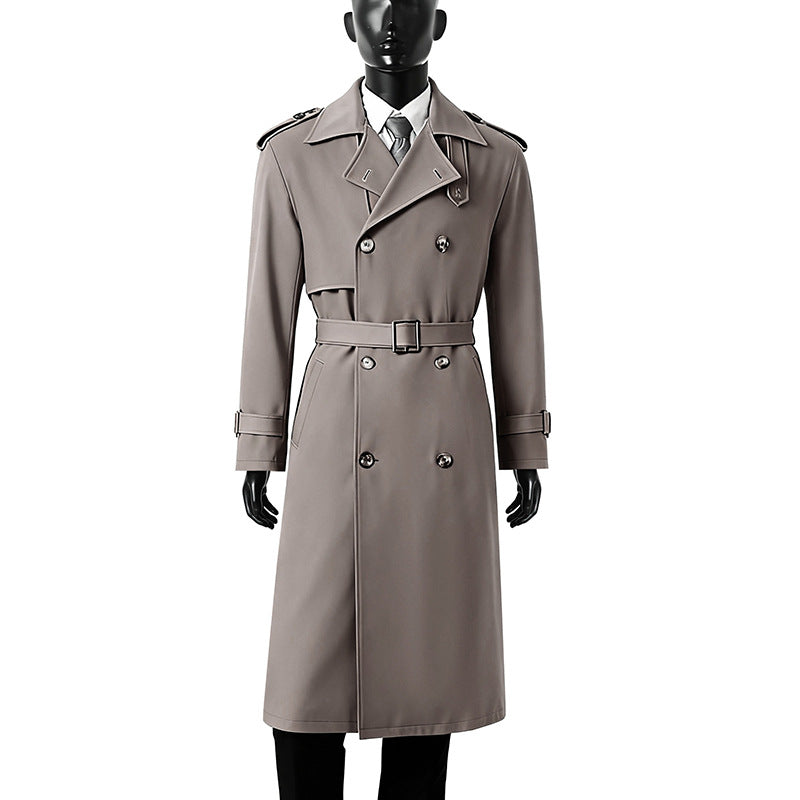 Herren Zeitloser Doppelreihiger Trenchcoat mit Taillengürtel, Schulterklappen und Manschettenriemen Drune