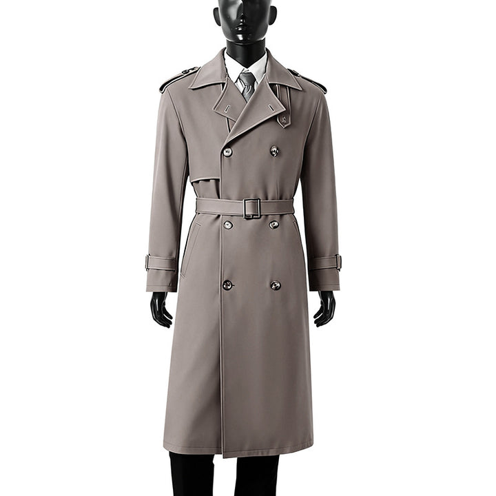 Herren Zeitloser Doppelreihiger Trenchcoat mit Taillengürtel, Schulterklappen und Manschettenriemen Drune