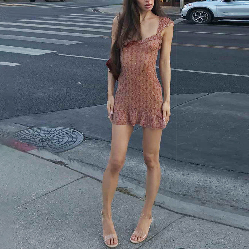 Damen Transparente Spitzenkleid mit Rüschen und floralem Muster Drune