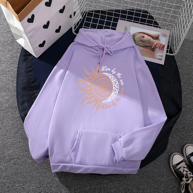 Damen nan Kapuzenpullover mit Sonn-und-Mond-Mandala, Kängurutasche und angerautem Fleece Drune