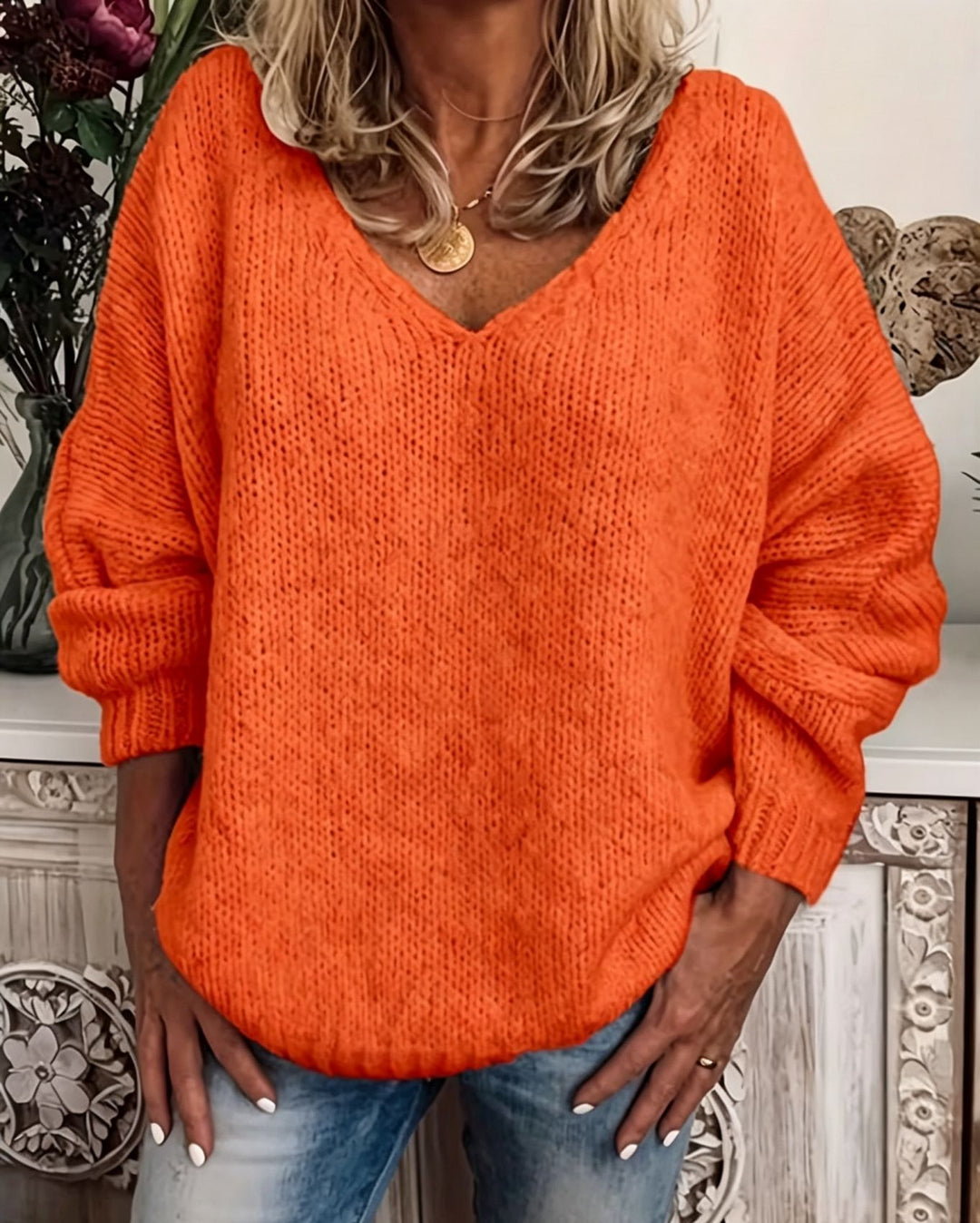 Damen Legerer V-Ausschnitt Pullover aus feiner Waffelstrickstruktur mit überschnittener Schulter Drune