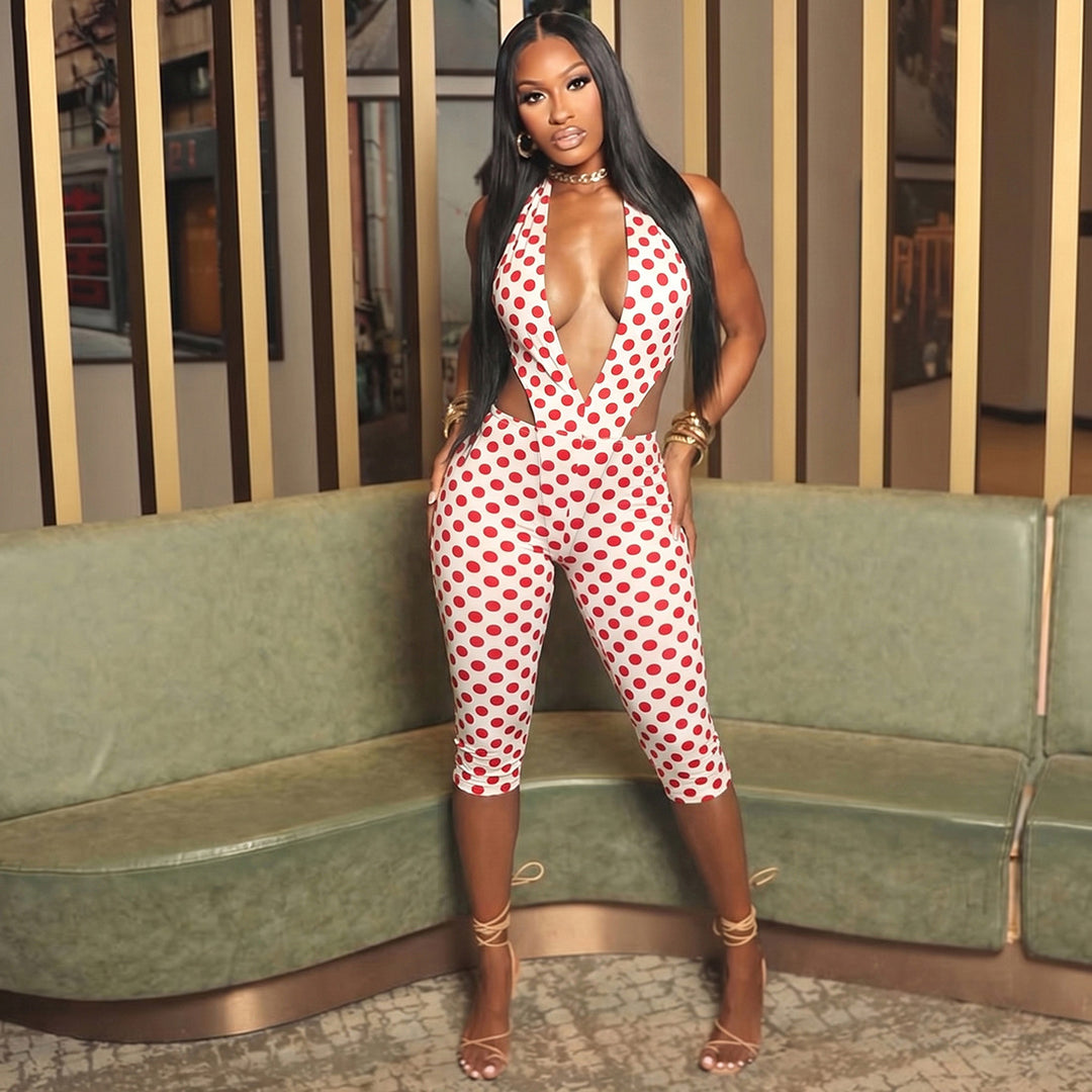 Damen figurbetonter Jumpsuit mit tiefem V-Ausschnitt und Bindegürtel Drune