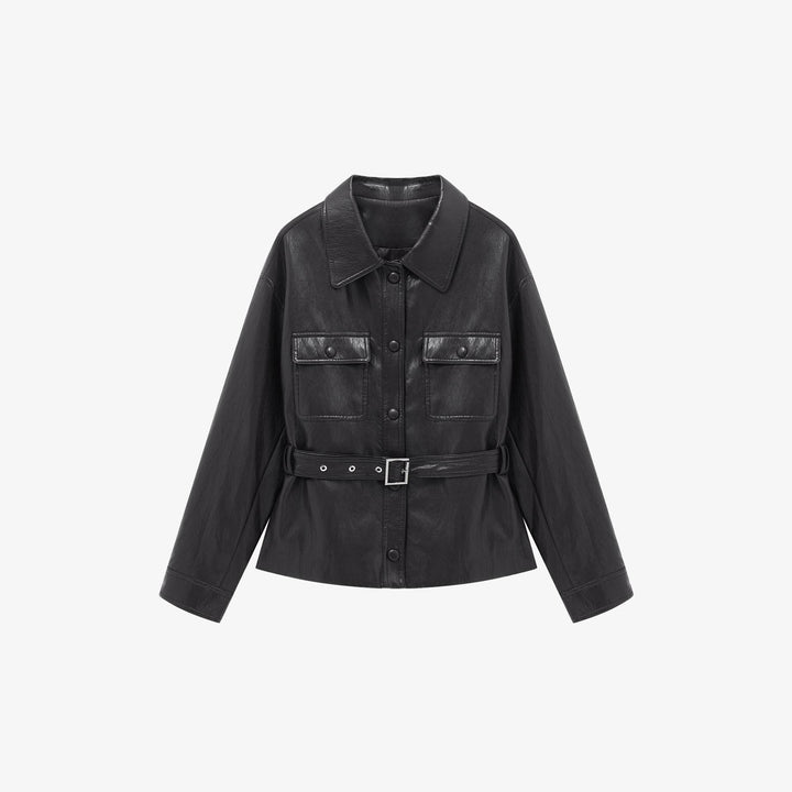 Damen Taillierter Utility-Lederblouson mit Bindegürtel und aufgesetzten Brusttaschen Drune