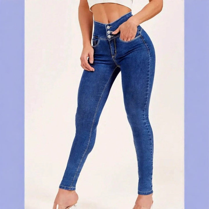 Damen High-Waist Sculpting-Skinny-Jeans mit taillenbildendem V-Bund und Doppelknopfverschluss Drune