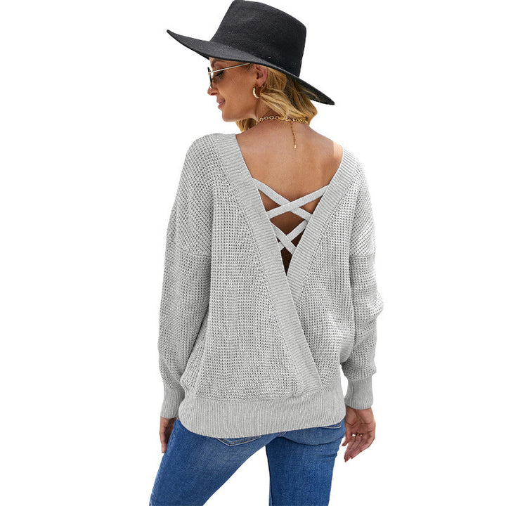 Damen lässiger Strickpullover mit offenem Rückendesign Drune
