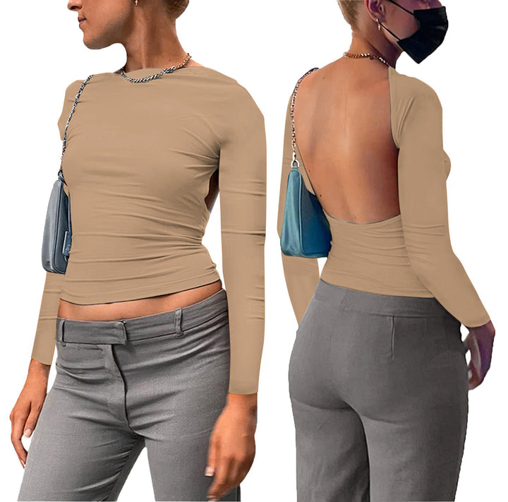 Damen figurbetontes Longsleeve-Oberteil mit offenem Rücken und elegantem Design Drune