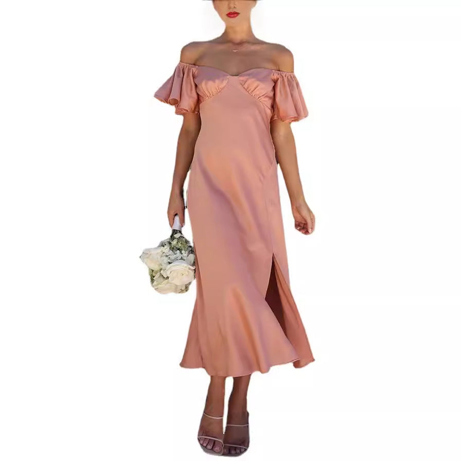 Damen Off-Shoulder Midi-Kleid mit voluminösen Ärmeln und eleganten Akzenten Drune