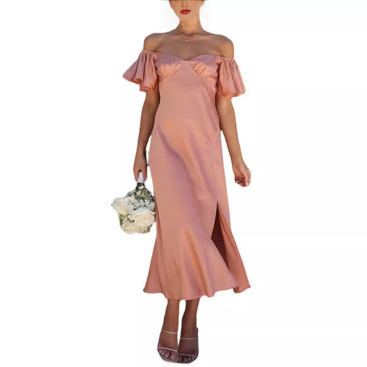 Damen Off-Shoulder Midi-Kleid mit voluminösen Ärmeln und eleganten Akzenten Drune