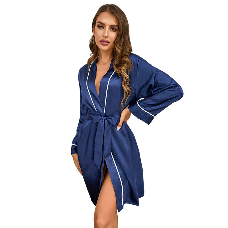 Damen Satin-Kimono-Robe mit luxuriösem Paspelbesatz Drune