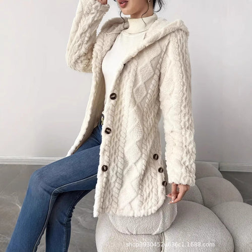 Damen Kapuzen‑Teddyjacke mit Knopfleiste und strukturierter Oberfläche Drune