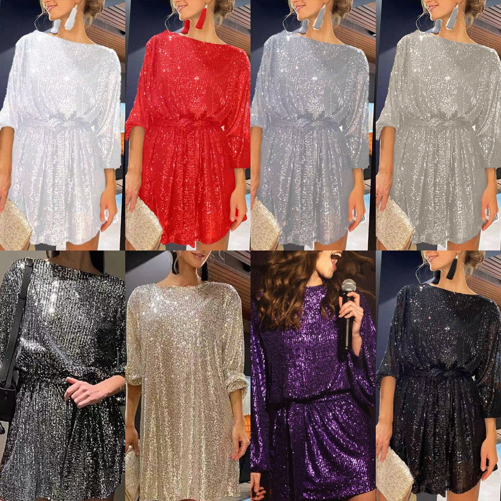 Damen Glamouröses Cocktailkleid mit funkelnden Lurex-Fäden und elastischem Taillengürtel Drune