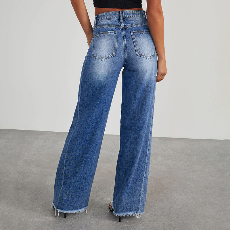 Damen High-Waist Schlagjeans mit weitem Bein und ausgefranstem Saum Drune