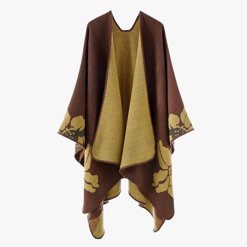 Damen Wendbarer Wollmix-Cape mit floralem Jacquard und offenem Fall Drune