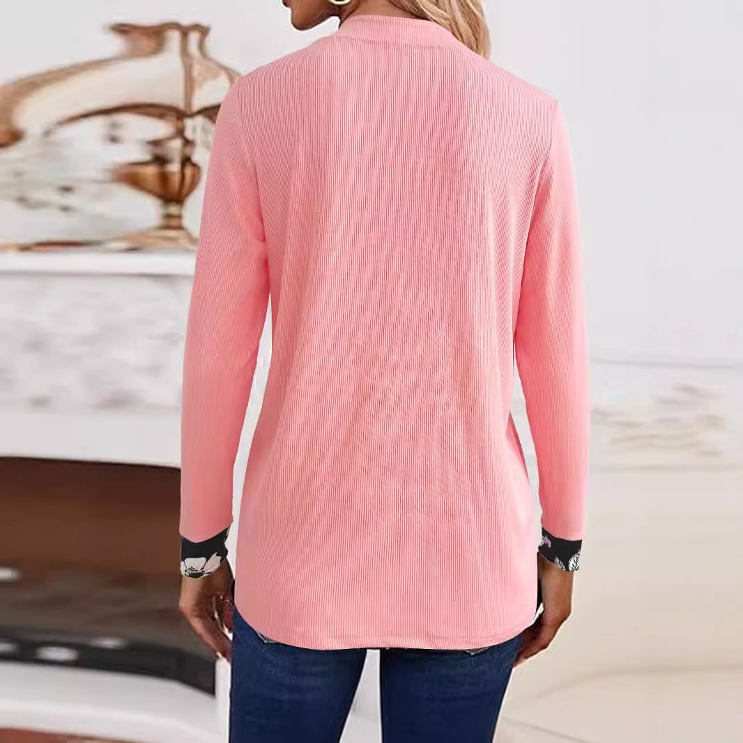 Damen Offener Longcardigan mit strukturierter Crinkle‑Optik und floralem Einsatztop Drune