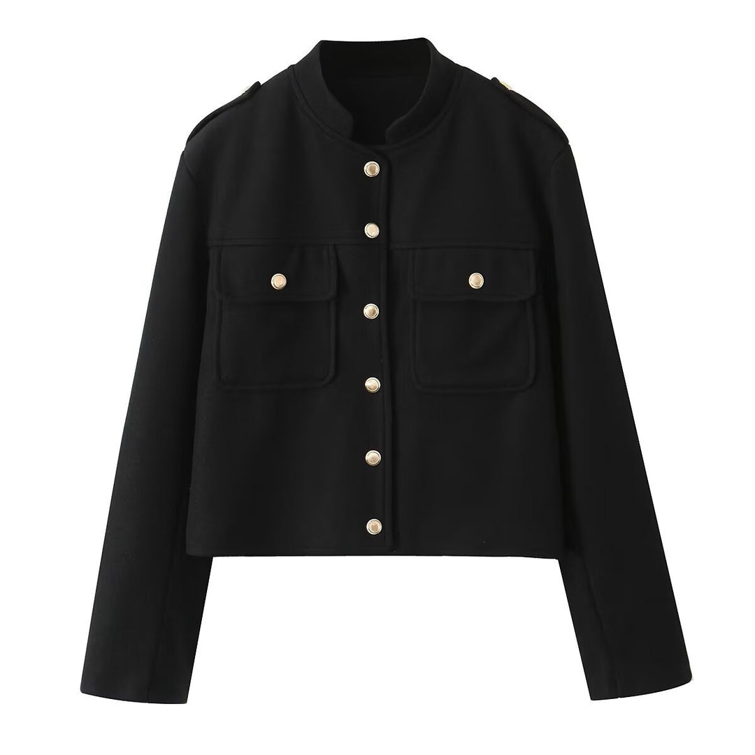 Damen nan kurz geschnittene militärische Wolljacke mit Stehkragen, Brustklappen und goldfarbenen Zierknöpfen Drune