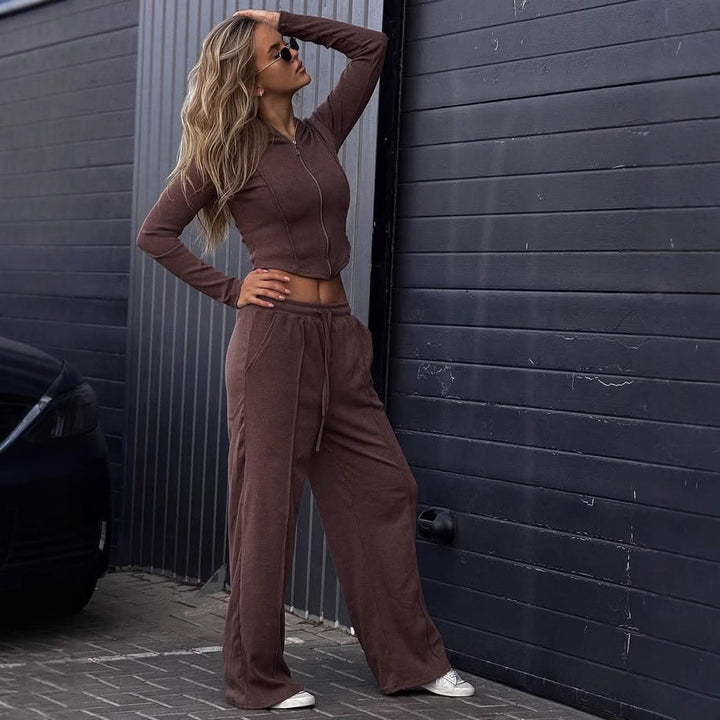 Damen kurzes geripptes Kapuzenjacke-und-Jogginghose Lounge-Set Drune