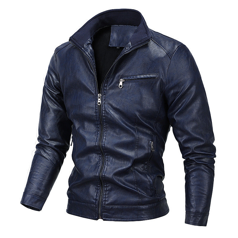 Herren Slim-Fit Kunstlederblouson mit Stehkragen und Reißverschlusstaschen Drune