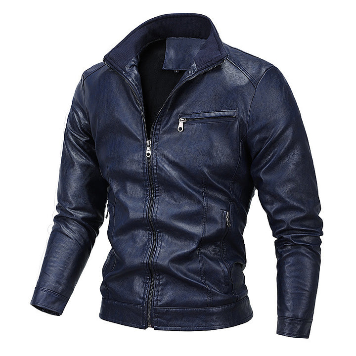 Herren Slim-Fit Kunstlederblouson mit Stehkragen und Reißverschlusstaschen Drune