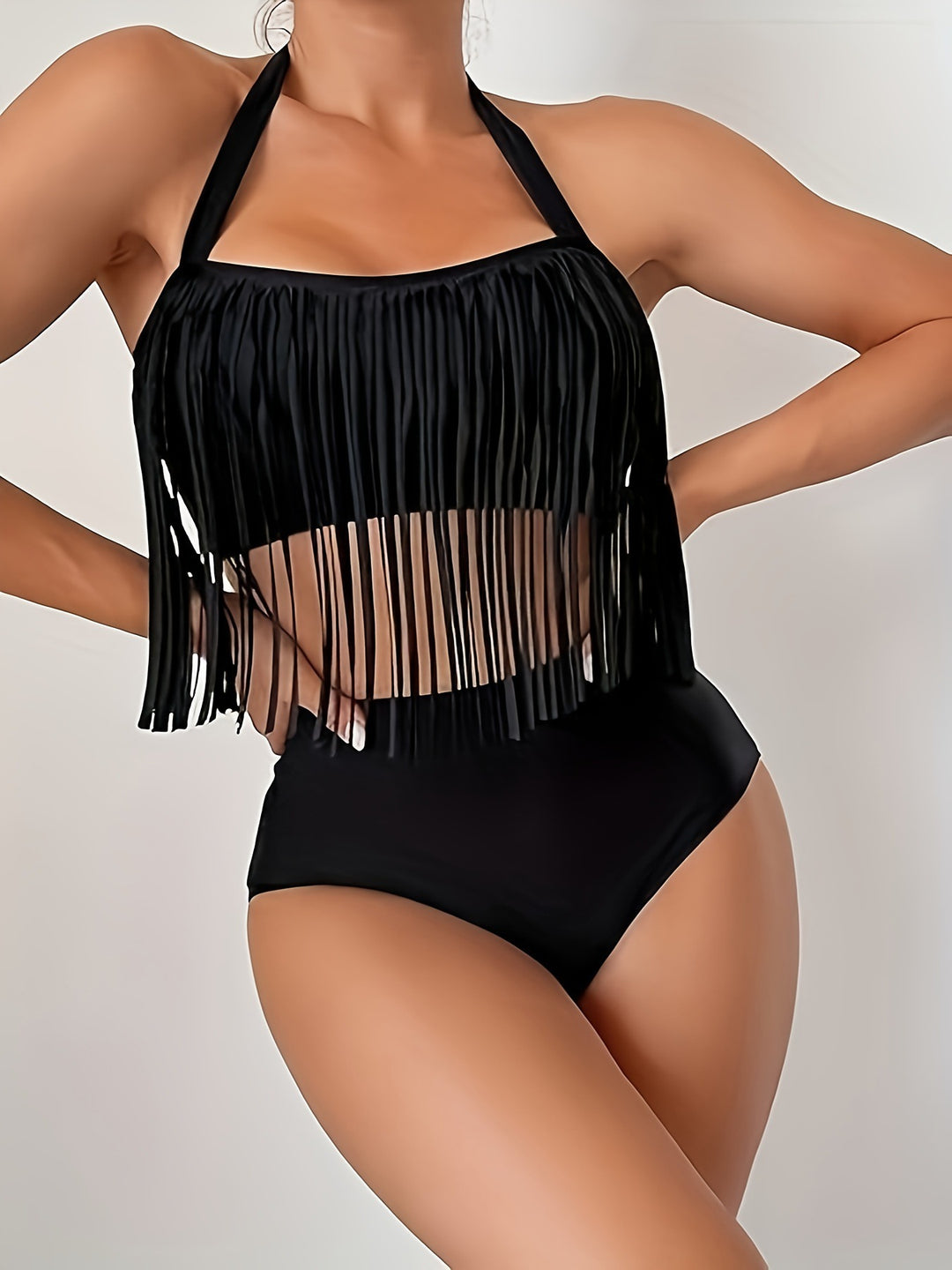 Damen Bikiniset mit fransigem Oberteil und hoch taillierter Hose Drune