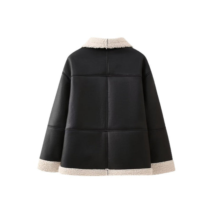 Damen Kunstlederjacke mit gemütlichem Teddyfutter und praktischen Taschen Drune