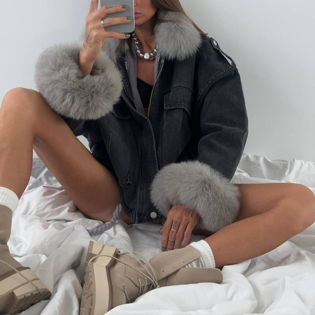 Damen Trendige Jeansjacke mit hohem Kragen und weitem Schnitt Drune