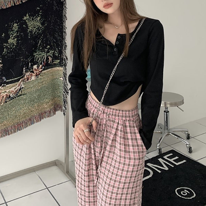 Damen Langarmshirt mit Knopfleiste und feinem Rippdesign