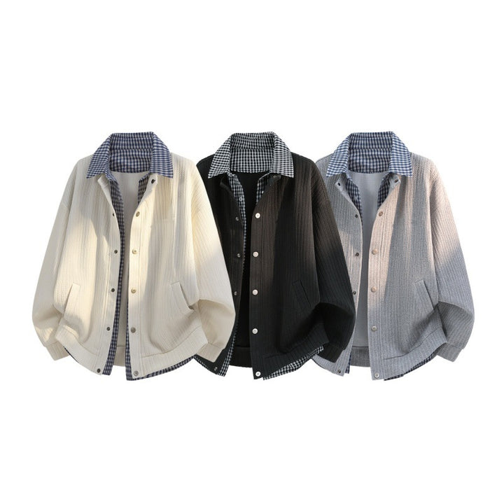 Herren lässige Strick-Überhemdjacke mit kariertem Hemdkragen und Druckknopfblende Drune