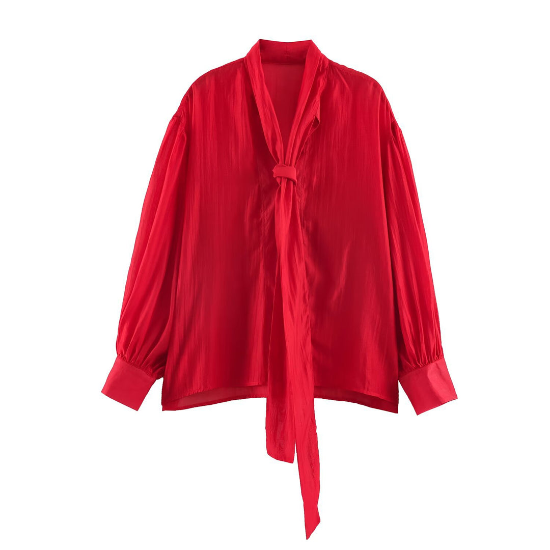 Damen Schluppenbluse mit weitem Oversize-Schnitt, Ballonärmeln und Bindeschal Drune