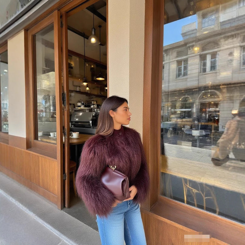 Damen Kurz geschnittene Shaggy-Faux-Fur-Strickjacke mit Rippkragen und Knopfleiste Drune