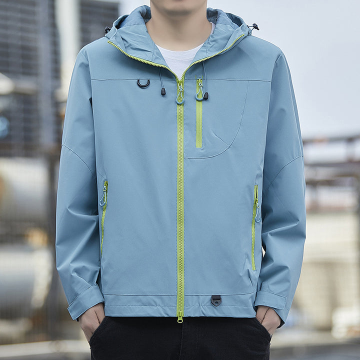 Herren leichte Urban-Softshell-Kapuzenjacke mit kontrastierenden Reißverschlüssen, Brusttasche und verstellbarem Kordelzugsaum Drune