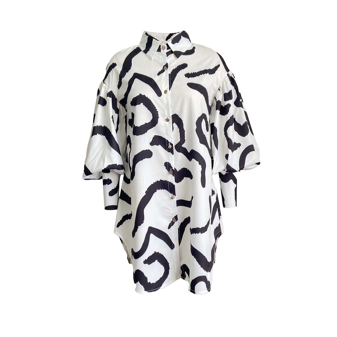 Damen Hemdkleid mit Oversize-Puffärmeln und lebhaftem Muster Drune