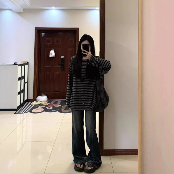 Damen Lässiges gestreiftes Oversized-Shirt mit weiten Ärmeln Drune