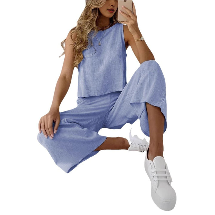 Damen Lässiges Zweiteiliges Set aus weichem Leinenstoff mit weitem Schnitt und elastischem Bund Drune