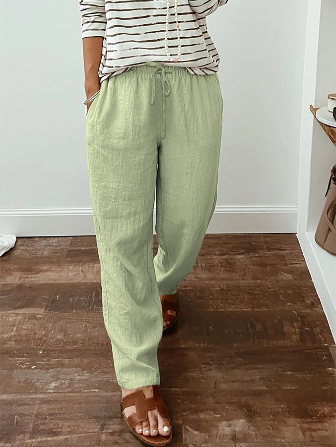 Leichte Damen-Leinenoptik-Hose mit elastischem Kordelzug, Fronttaschen und weitem Bein Drune