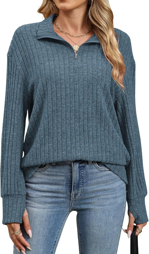 Damen Gerippter Halfzip-Pullover mit Stehkragen und Relaxed-Fit Drune