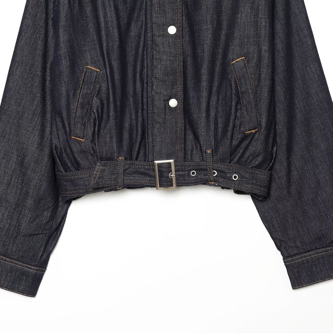 Damen Cropped Jeansjacke mit Taillengürtel, Stehkragen und Ballonärmeln Drune
